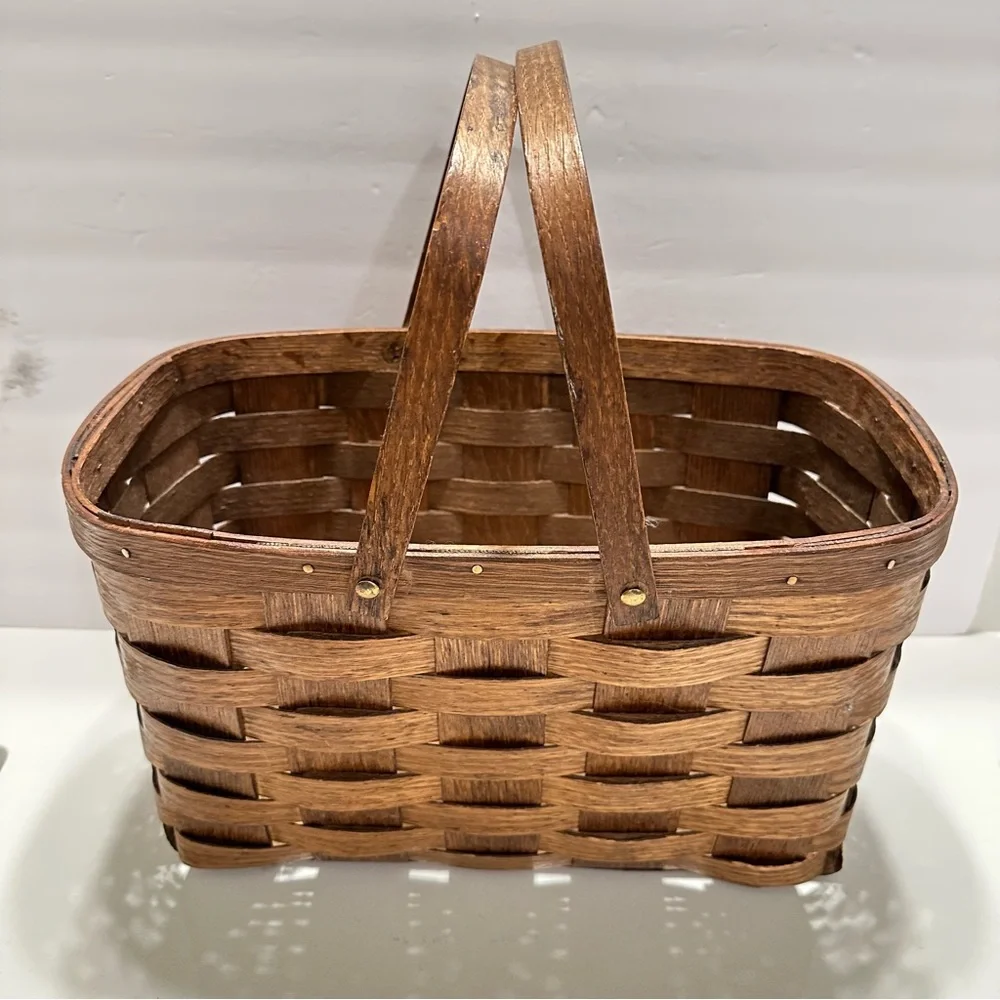 Vintage‎ Dark Brown Woven Basket Wooden Handles Rectangle Skinny Brass Hardware